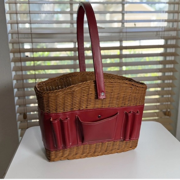 Handbags - Vintage Wicker Garden Tote Basket, Red Faux Leather Tool Organizer,Decor Storage